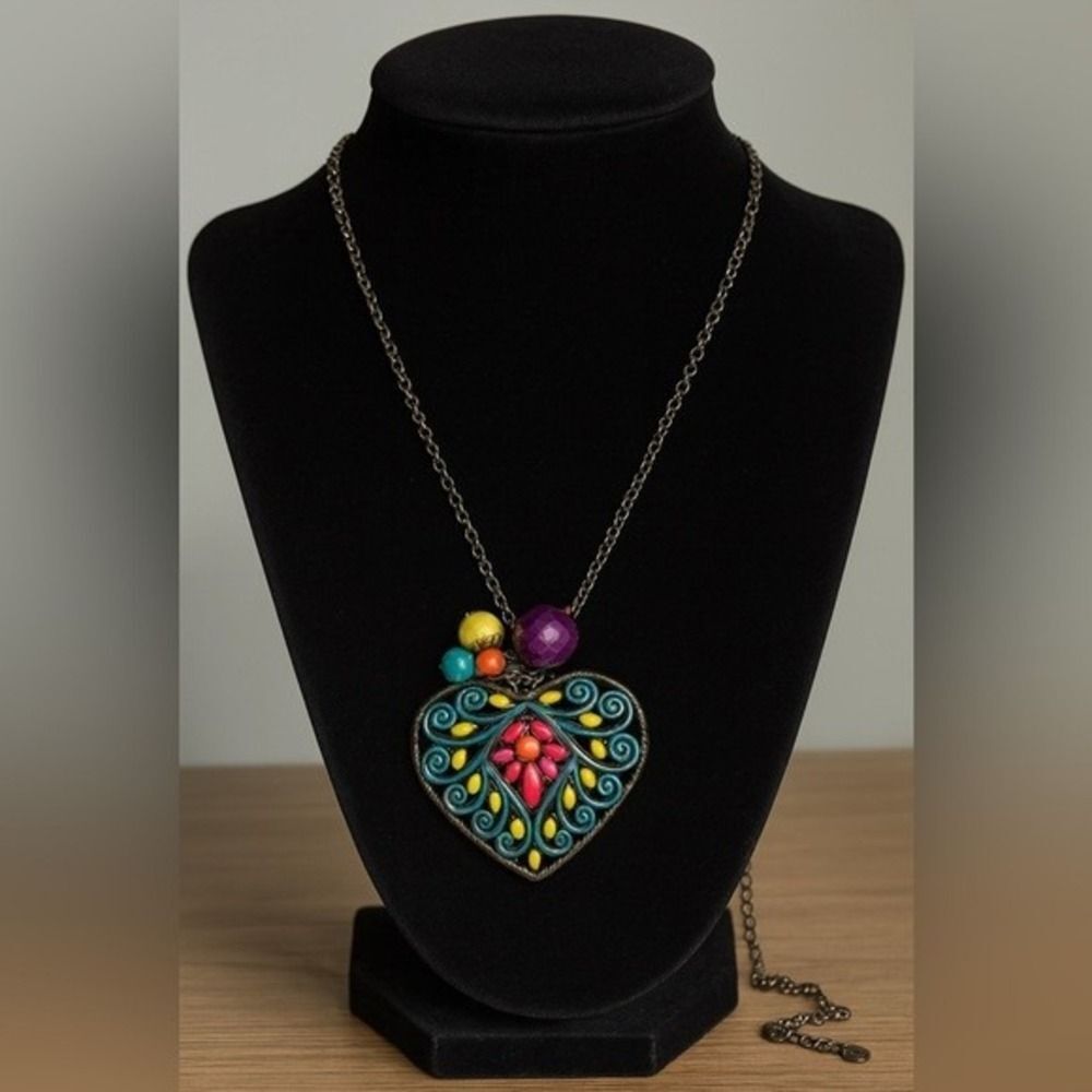Womens Y2K‎ Vintage Chunky 3" Silver Tone Beaded Heart Chain Opera Rope Necklace